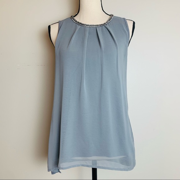 Gray Sleeveless Rhinestone Neckline Top - Picture 1 of 9